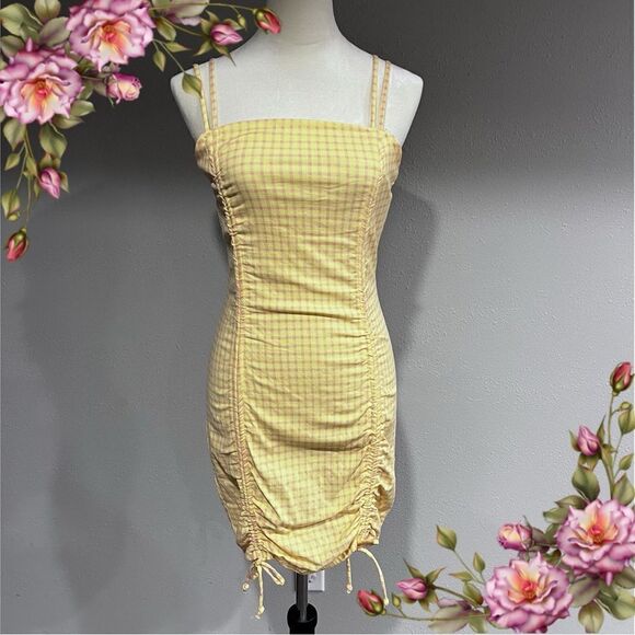 Double Ruched Plaid Print Bodycon Dress With Straps - Picture 1 of 13